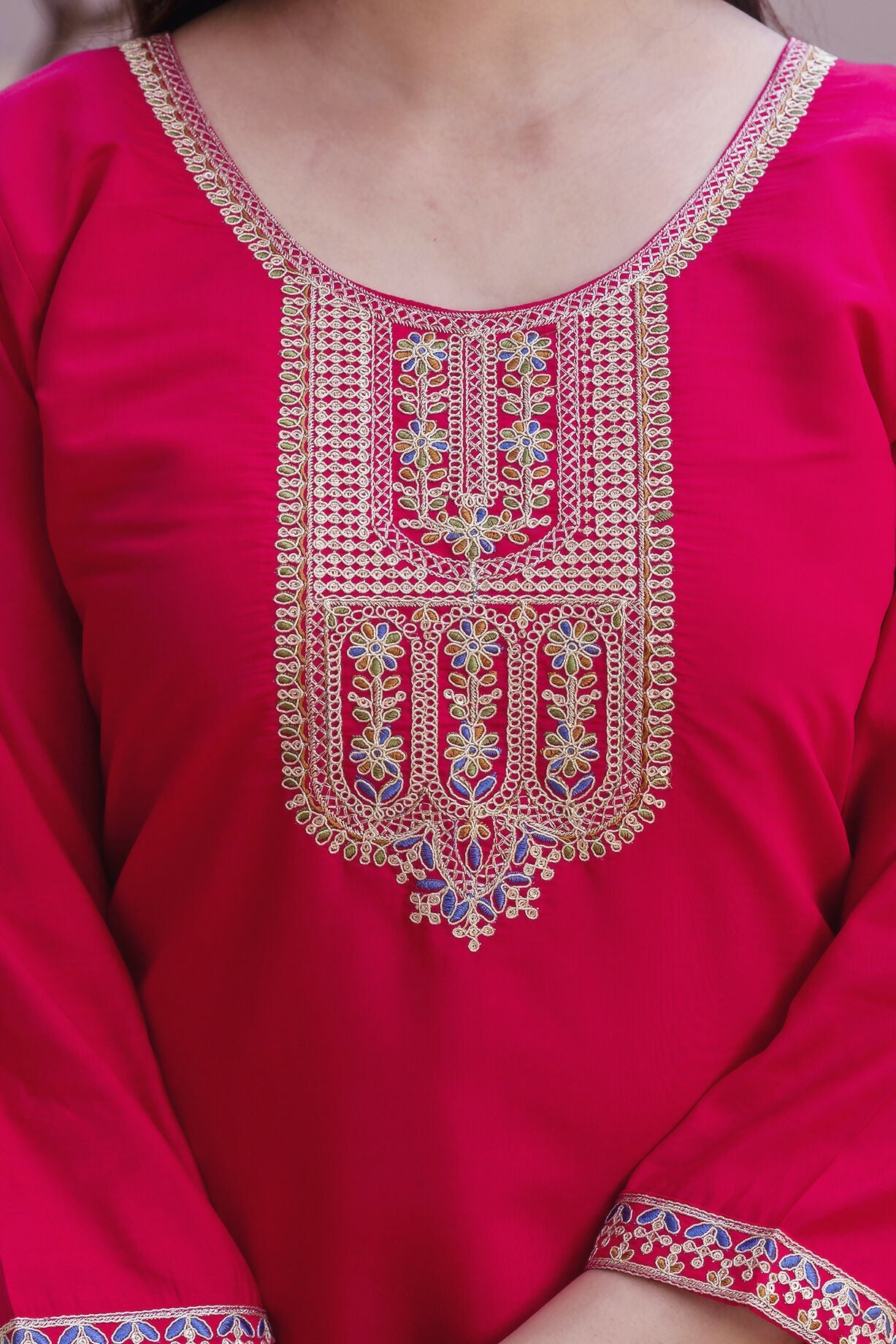 The52 Women's Beautiful Embroidery Work Viscose Chanderi Fabric Straight Kurta Pant and Dupatta Set-Red | Grocsy