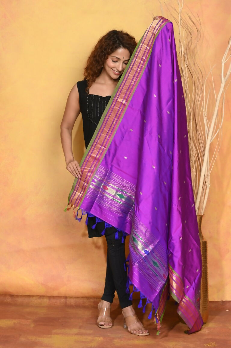 Very Much Indian Pure Silk Handloom Traditional Paithani Dupatta - Violet | Grocsy