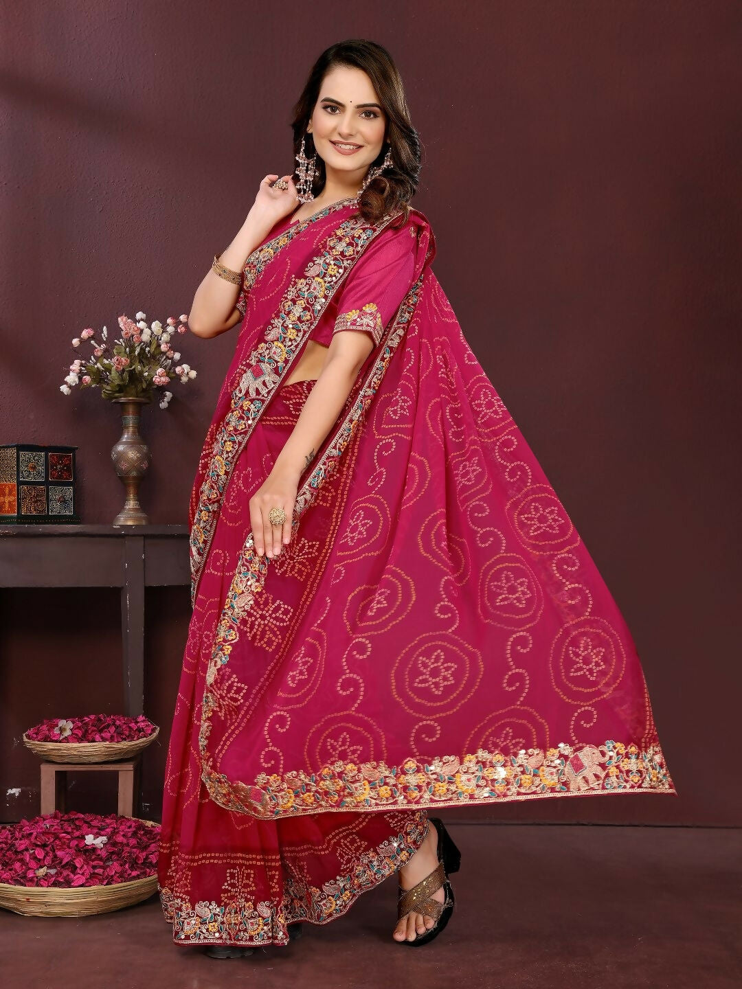 Ai Fashion Magenta Georgette Digital Print Party Wear Saree | Grocsy