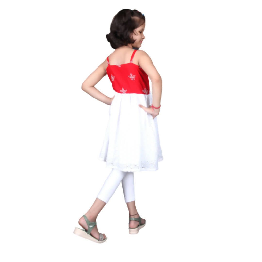 Akarshan Pure Cotton Frock Style Kurti with Leggings Set - Red & White | Grocsy