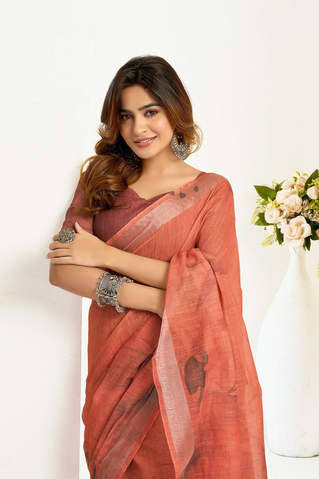 Vastranavya Brown Digital Printed Linen Ready To Wear Designer Saree with Unstitched Blouse | Grocsy