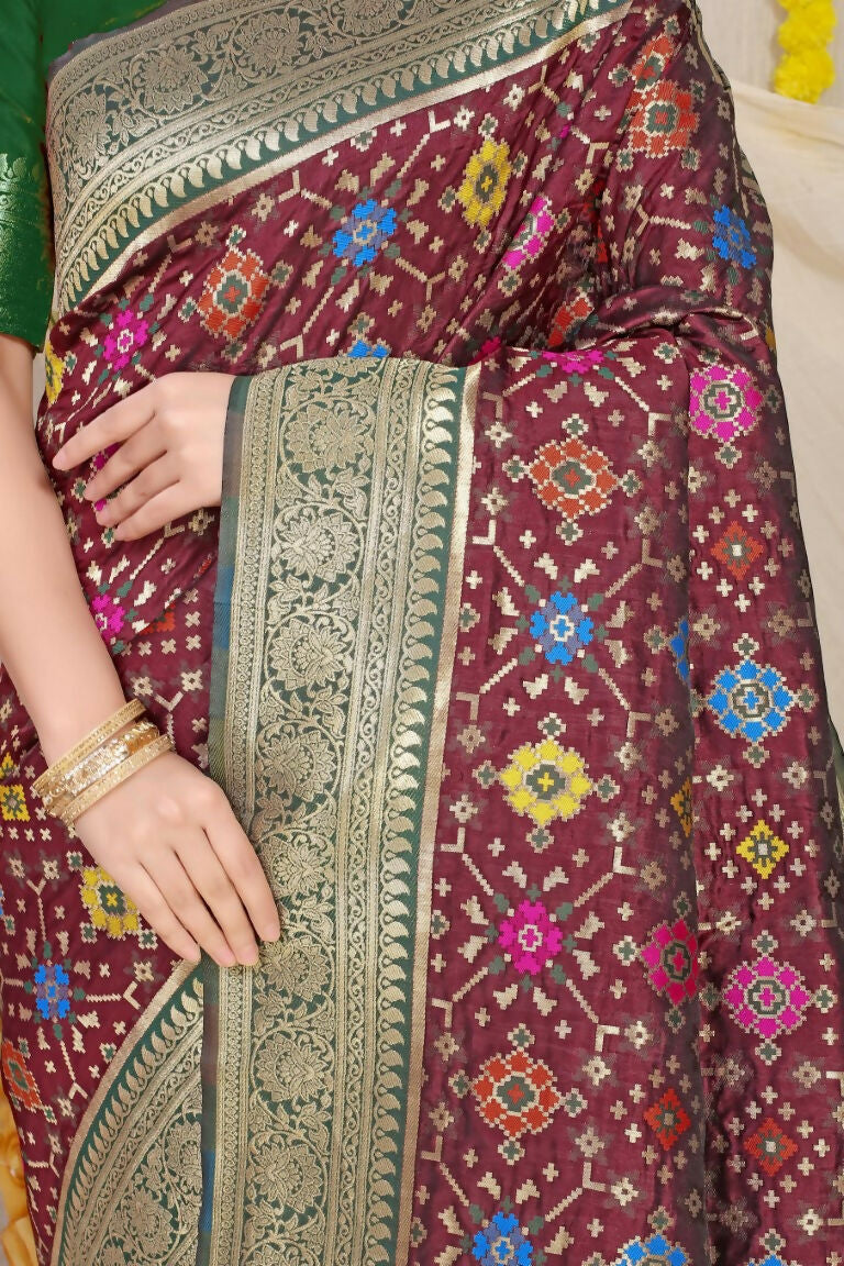 Jyoti Fashion Women's Wine Patola Silk Zari Woven Saree with Blouse | Grocsy