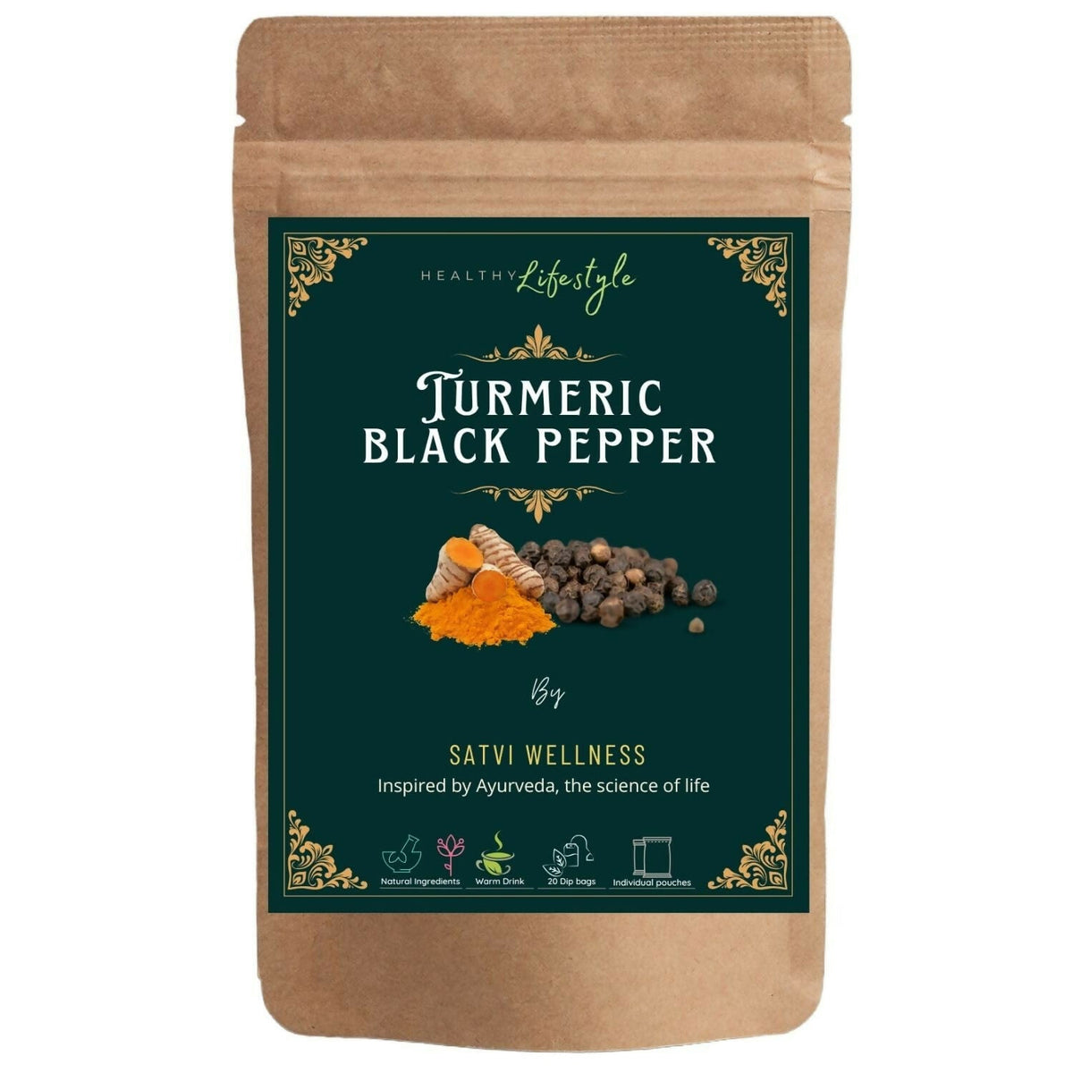 Satvi Wellness Turmeric Black Pepper Tea Bags | Herbal Tea | Grocsy