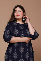 Miravan Women's Plus Size Navy Blue Printed Pure Cotton Kurta With Sharara | Grocsy