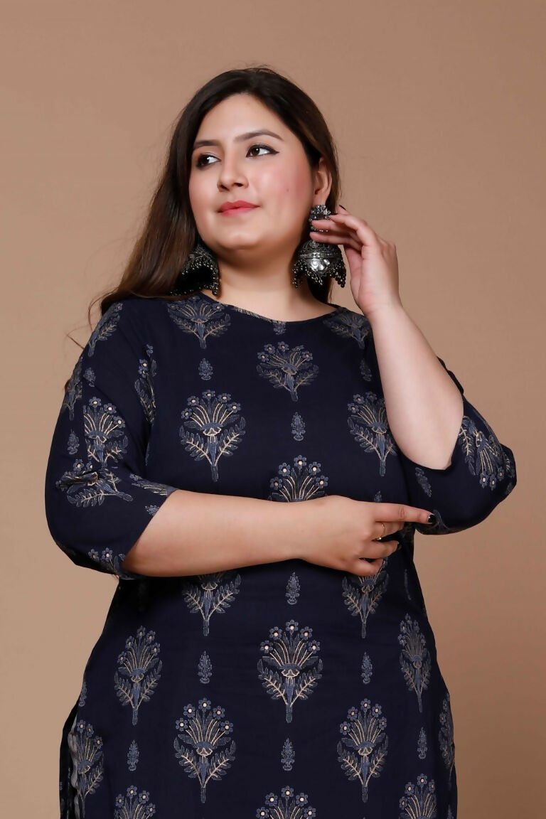 Miravan Women's Plus Size Navy Blue Printed Pure Cotton Kurta With Sharara | Grocsy