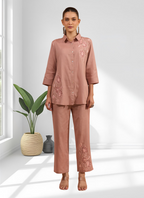 Joban Fashion Powder Pink Cotton, Linen Embroidered Readymade Cord Set | Grocsy