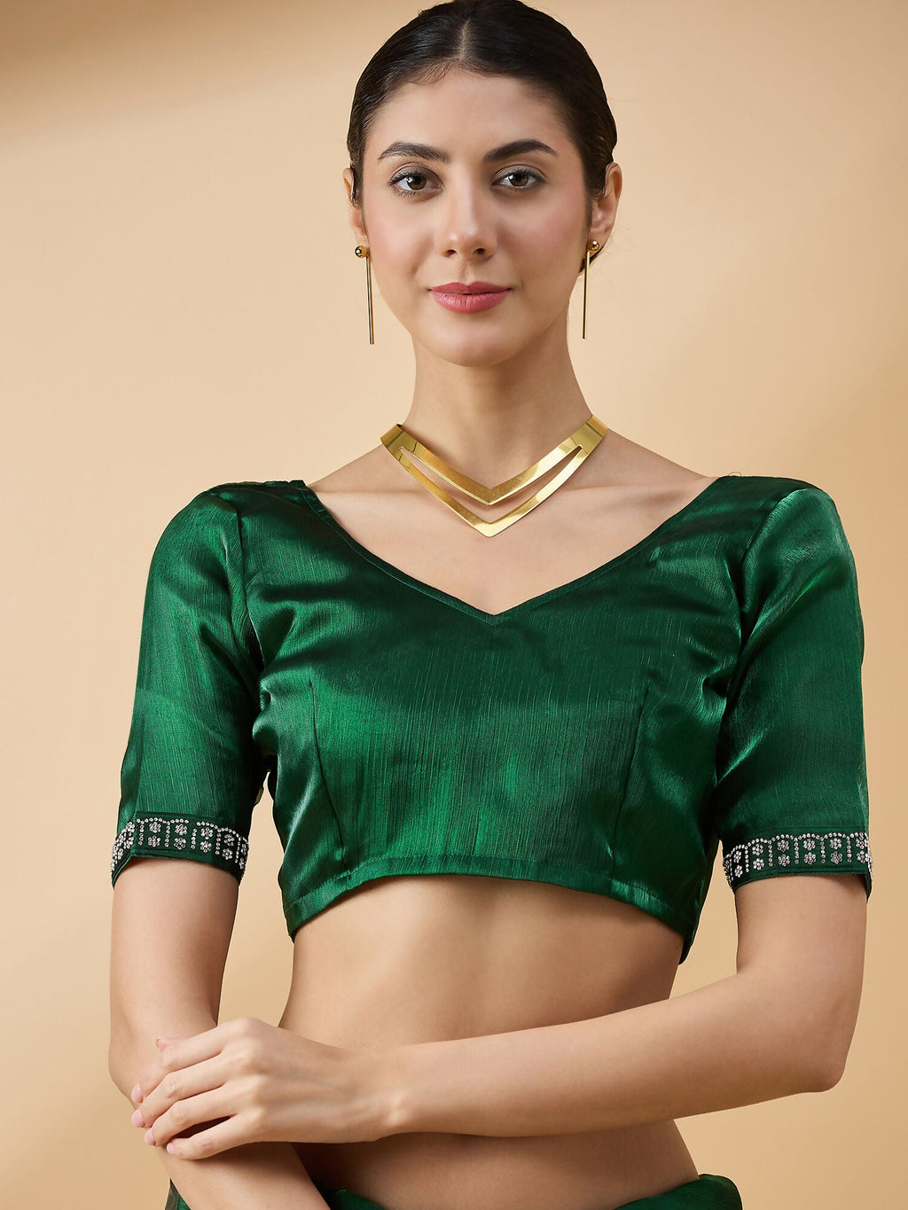 Green Organza Swaroski Diamond Work Saree with Unstitched Blouse - Radha | Grocsy