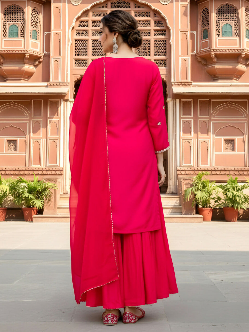The52 Women's Gorgeous Embroidery Work Viscose Silk Fabric Straight Kurta Palazzo and Dupatta Set-Red | Grocsy