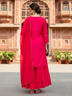 The52 Women's Gorgeous Embroidery Work Viscose Silk Fabric Straight Kurta Palazzo and Dupatta Set-Red | Grocsy