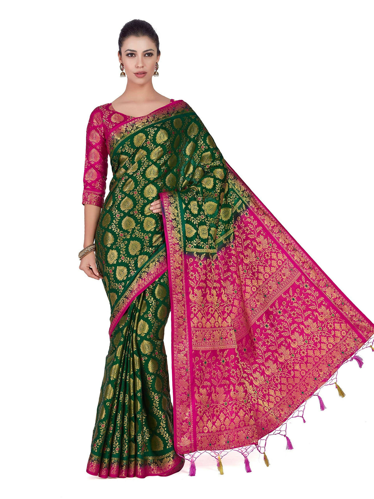 Mimosa Women's Green Color Beautiful Kanchipuram Silk Saree | Grocsy