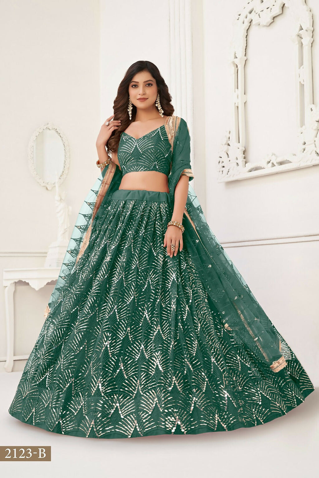 Eilara Glamorous Bottle Green Net With Sequins And Thread Embroidery Real Mirror Work Lehenga Choli For Wedding | Grocsy