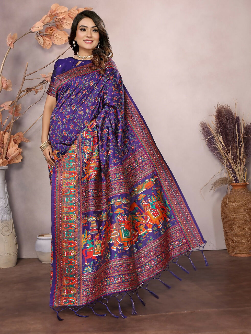 Joban Fashion Purple Meena Weaves Pashmina Sarees | Grocsy
