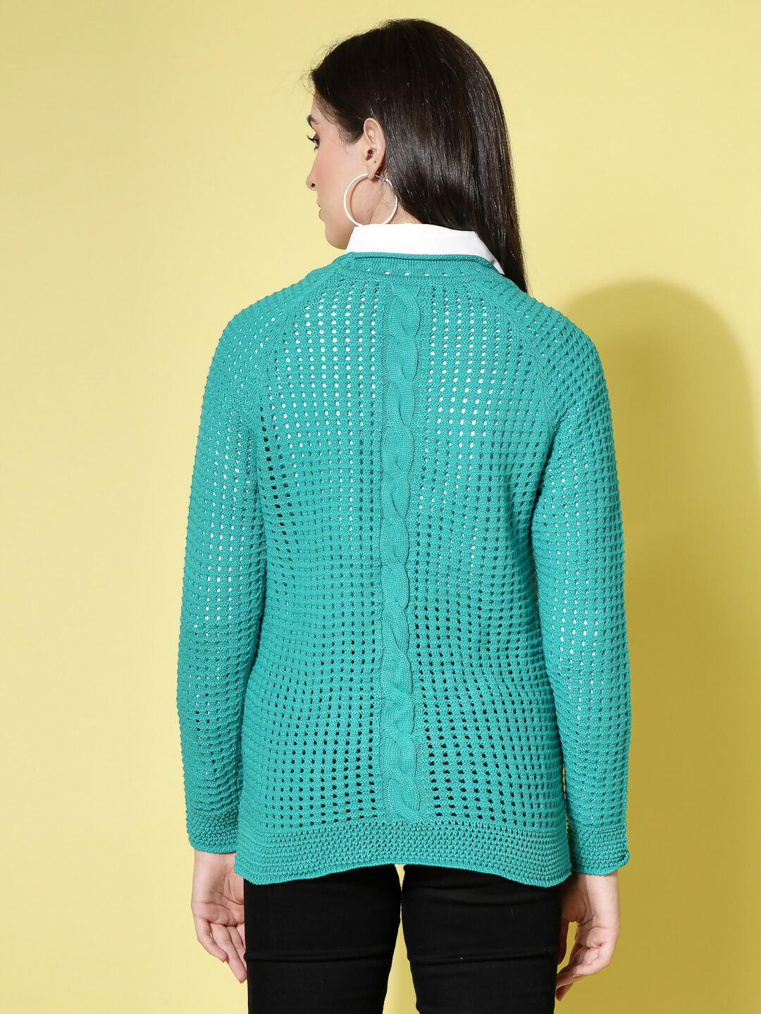 Women Pointelle Green Acrylic Winter Sweater - Wool Trees | Grocsy