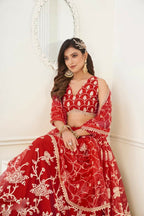 Aastha Fashion Red Butterfly Net White Cotton Thread Work And Sequence Work Embroidery Wedding Wear Lehenga Choli | Grocsy