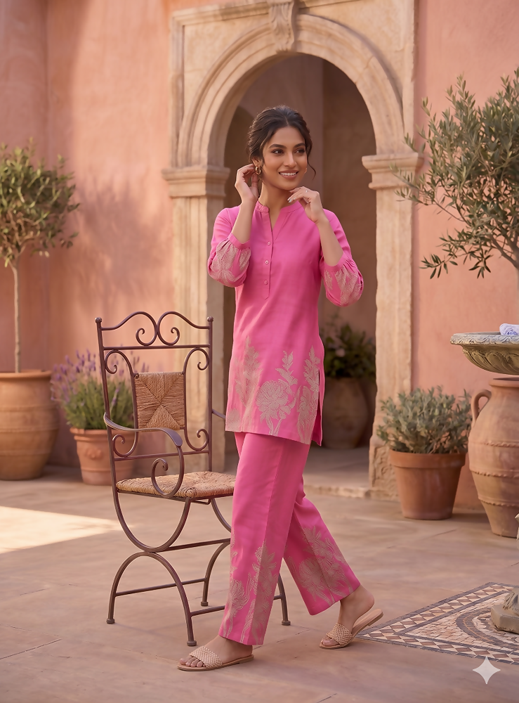 Teeya Creation Stylish Pink Casual Co-ord Set with Floral Print | Grocsy