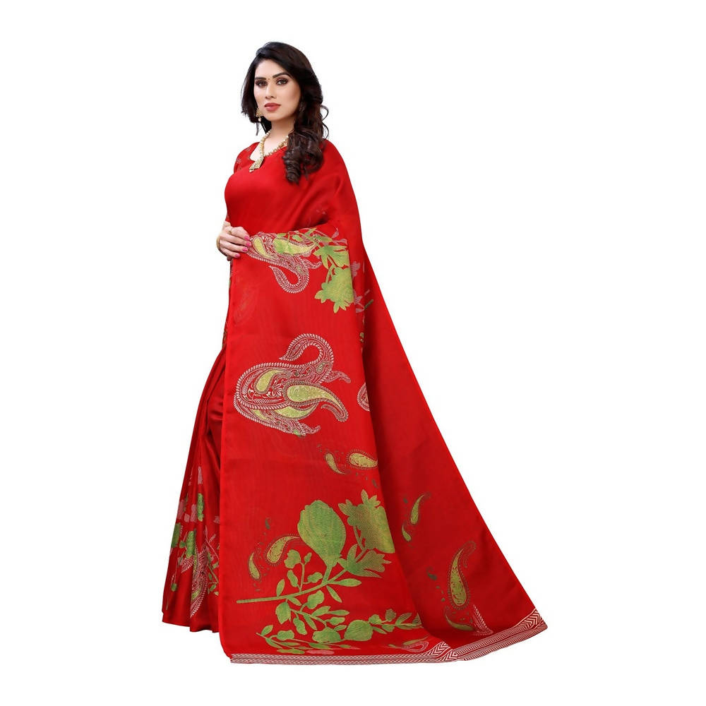 Vamika Printed Jute Silk Red Saree (Leo Red) | Grocsy
