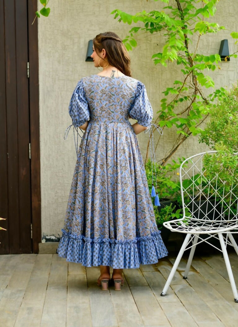 Jyoti Fashion Women's Blue Heavy Digital Printed Cotton Silk Anarkali Dress | Grocsy