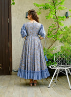Jyoti Fashion Women's Blue Heavy Digital Printed Cotton Silk Anarkali Dress | Grocsy