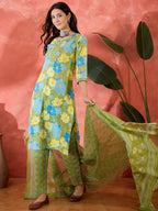 Joban Fashion Printed Green Pure Cotton Kurta Set | Grocsy