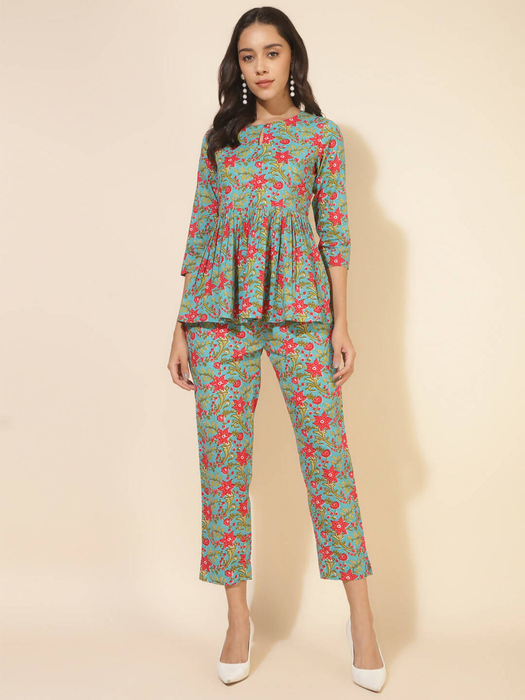 Janasya Women's Blue Cotton Printed Casual Peplum Co-ords | Grocsy