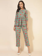 Janasya Women's Blue Cotton Printed Casual Peplum Co-ords | Grocsy