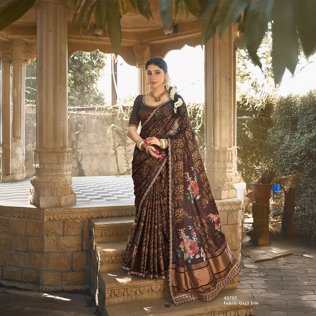 Brown Gajji Silk Gota With Minakari Work Saree With Unstitched Blouse - Norita Gajri | Grocsy