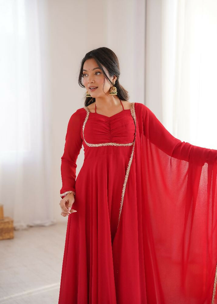Teeya Creation Red Faux Georgette Designer Party Wear Long Gown | Grocsy
