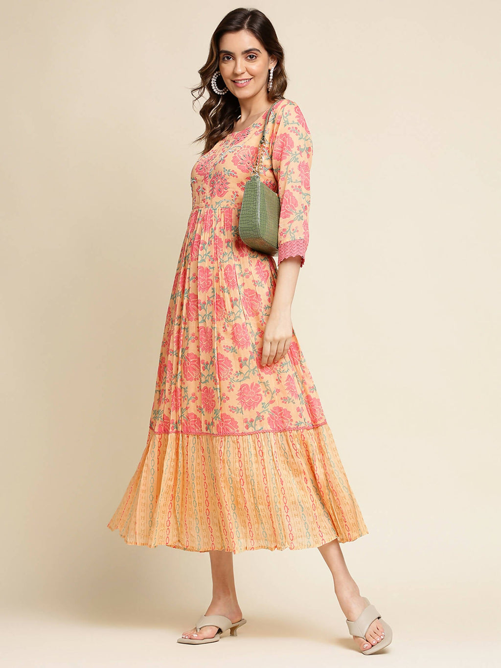 Peach Cotton Floral Printed Fit & Flare Dress - Yukti | Grocsy