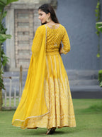 Juniper Mustard Bandhani Printed Shantoon Slub Lehenga Choli & Net Dupatta Set. | Grocsy
