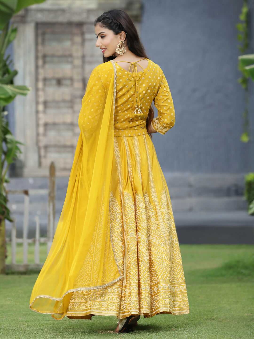 Juniper Mustard Bandhani Printed Shantoon Slub Lehenga Choli & Net Dupatta Set. | Grocsy