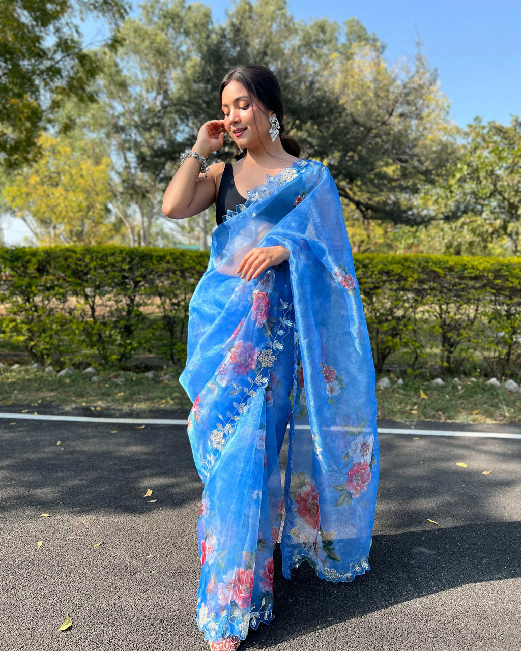 Vamsee Sia Blue Organza Saree | Grocsy