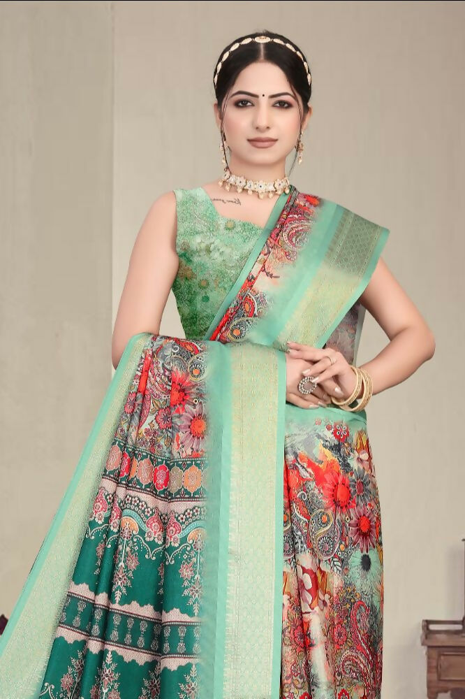 PR Fashion Multi Heavy Rich Cotton Silk Digital Print & Jacquard Saree | Grocsy