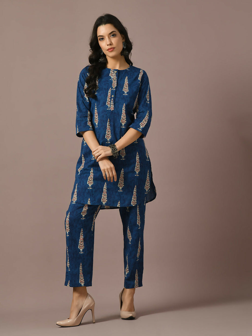 Myshka Women's Blue Printed Cotton Round Neck Party Tunic With Trousers Co-ord set | Grocsy
