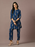 Myshka Women's Blue Printed Cotton Round Neck Party Tunic With Trousers Co-ord set | Grocsy