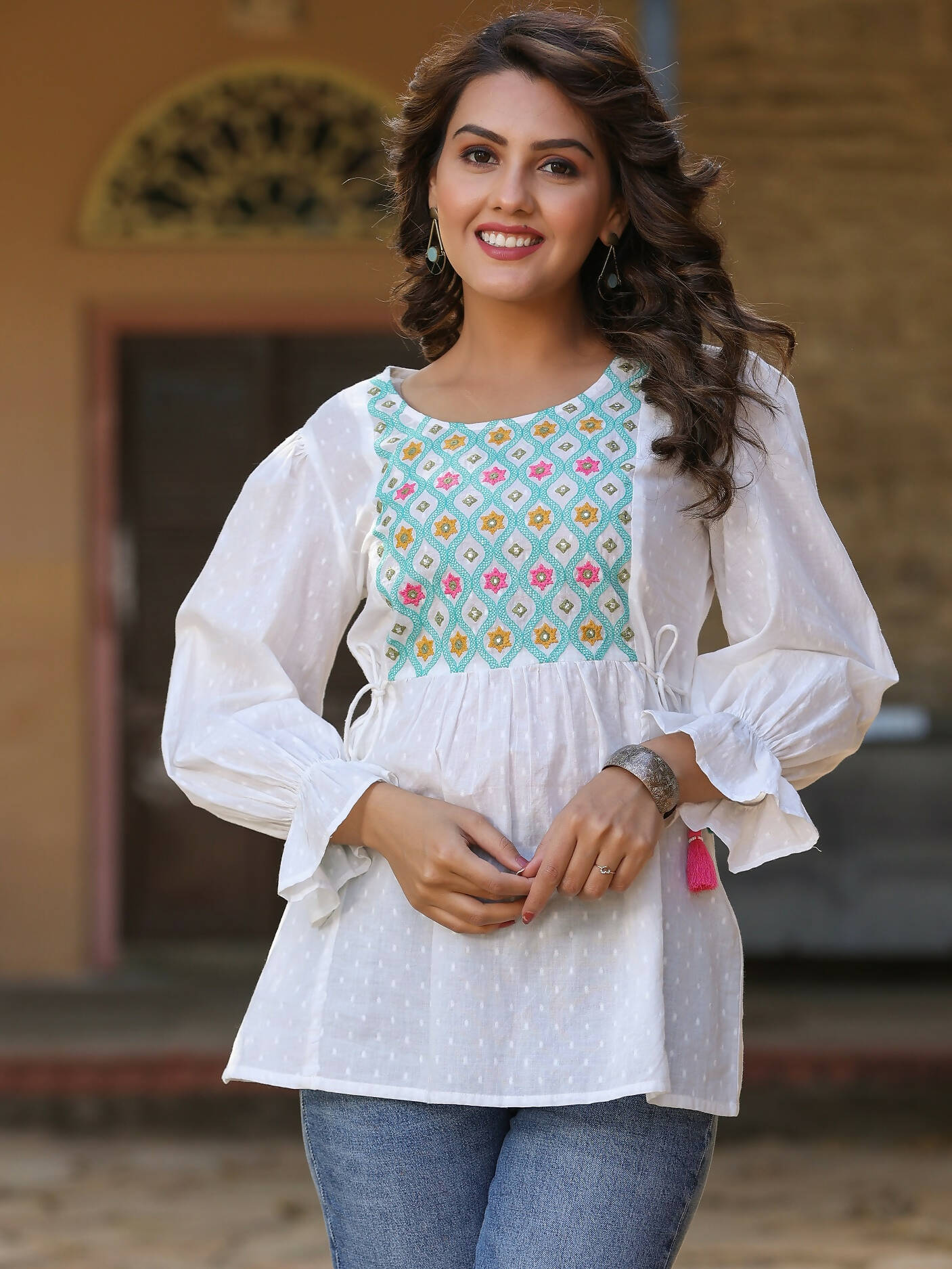 Juniper Women's White Cotton Dobby Solid With Multi Color Embroidered Tunic | Grocsy