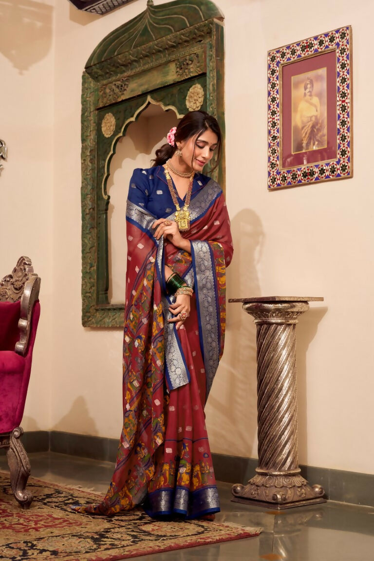 Vastranavya Maroon Poly Cotton Kalamkari Printed Saree with Unstitched Blouse | Grocsy