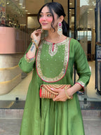 The52 Light Green Women's Gorgeous Embroidered Work Chanderi Fabric Flared Kurta Pant and Dupatta Set | Grocsy