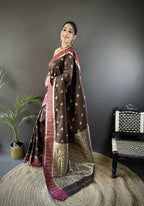 Joban Fashion Brown Woven Zari Motifs Lichi Silk Banarasi Silk Saree | Grocsy