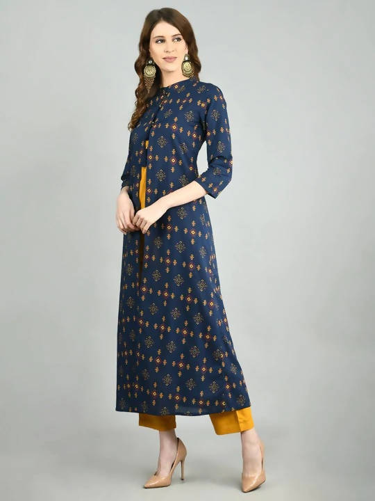 Myshka Women Navy Blue Cotton Printed Shrug, Top And Pant Set | Grocsy