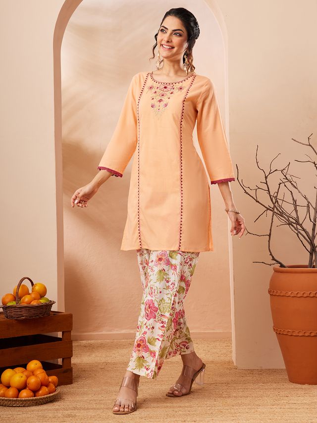 Janasya Peach Straight Cotton Co-Ords | Grocsy