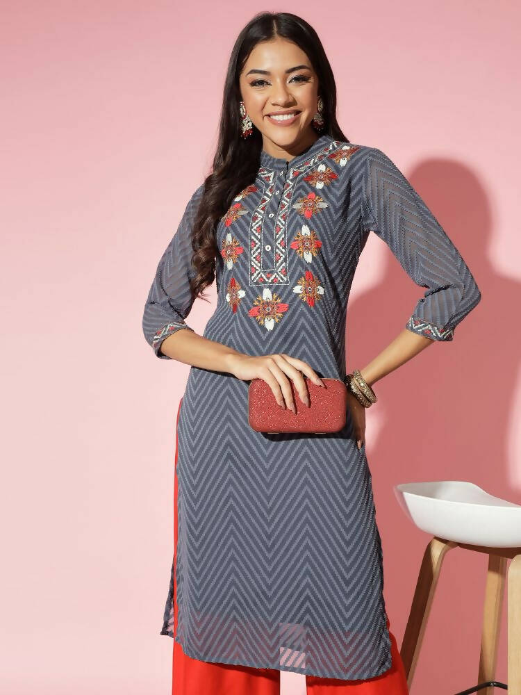 Myshka Women Grey Solid Georgette Straight V-Neck Kurtas | Grocsy