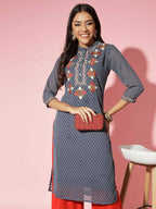 Myshka Women Grey Solid Georgette Straight V-Neck Kurtas | Grocsy