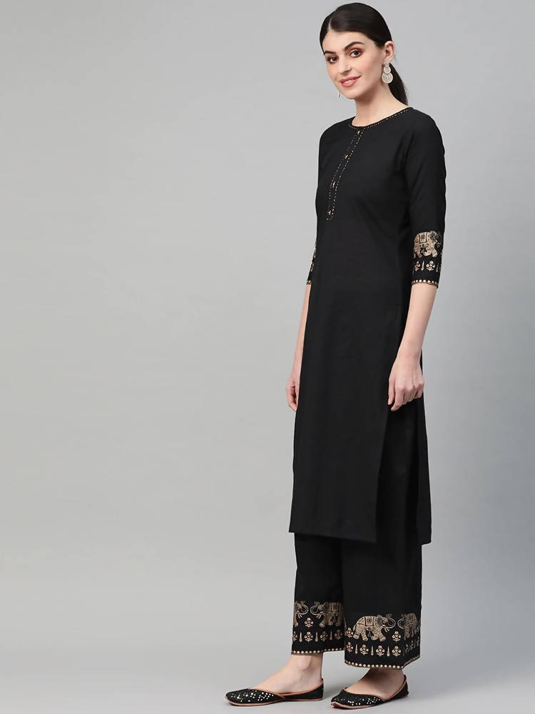 Yufta Women Black & Golden Solid Kurta with Palazzo & Dupatta | Grocsy