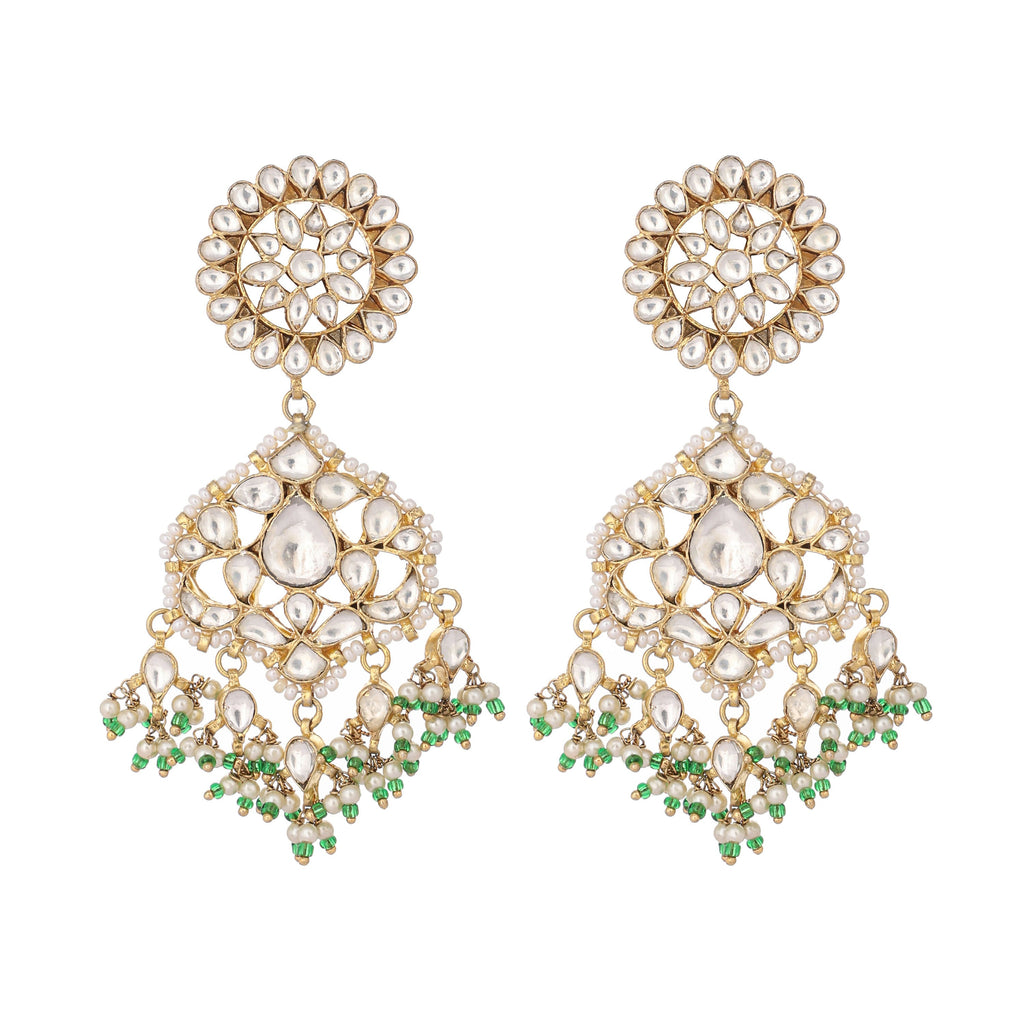 Nuyug 22K Gold Plated Traditional Kundan Studded Contemporary Dangler Earrings with Pearl and Green Bead Accents | Grocsy