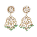 Nuyug 22K Gold Plated Traditional Kundan Studded Contemporary Dangler Earrings with Pearl and Green Bead Accents | Grocsy