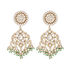 Nuyug 22K Gold Plated Traditional Kundan Studded Contemporary Dangler Earrings with Pearl and Green Bead Accents | Grocsy
