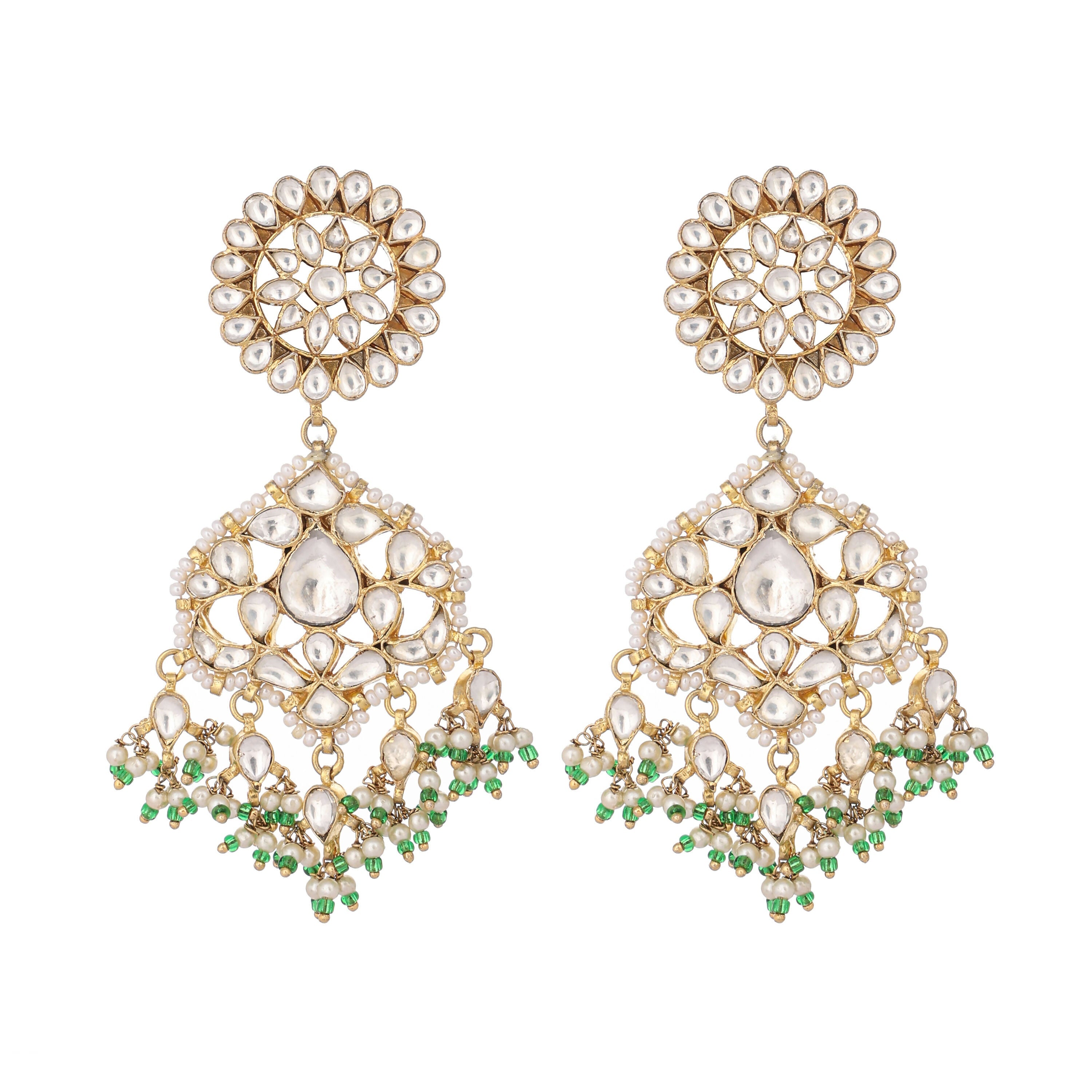 Nuyug 22K Gold Plated Traditional Kundan Studded Contemporary Dangler Earrings with Pearl and Green Bead Accents | Grocsy