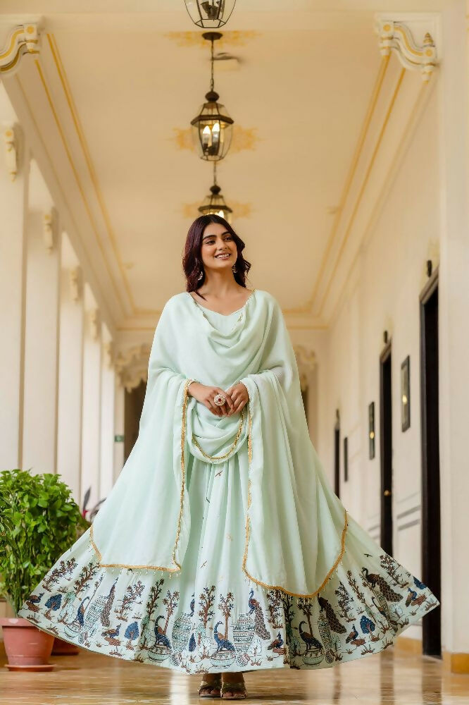 Teeya Creation Mint Green Chinnon Heavy Work Long Wedding Gown | Grocsy