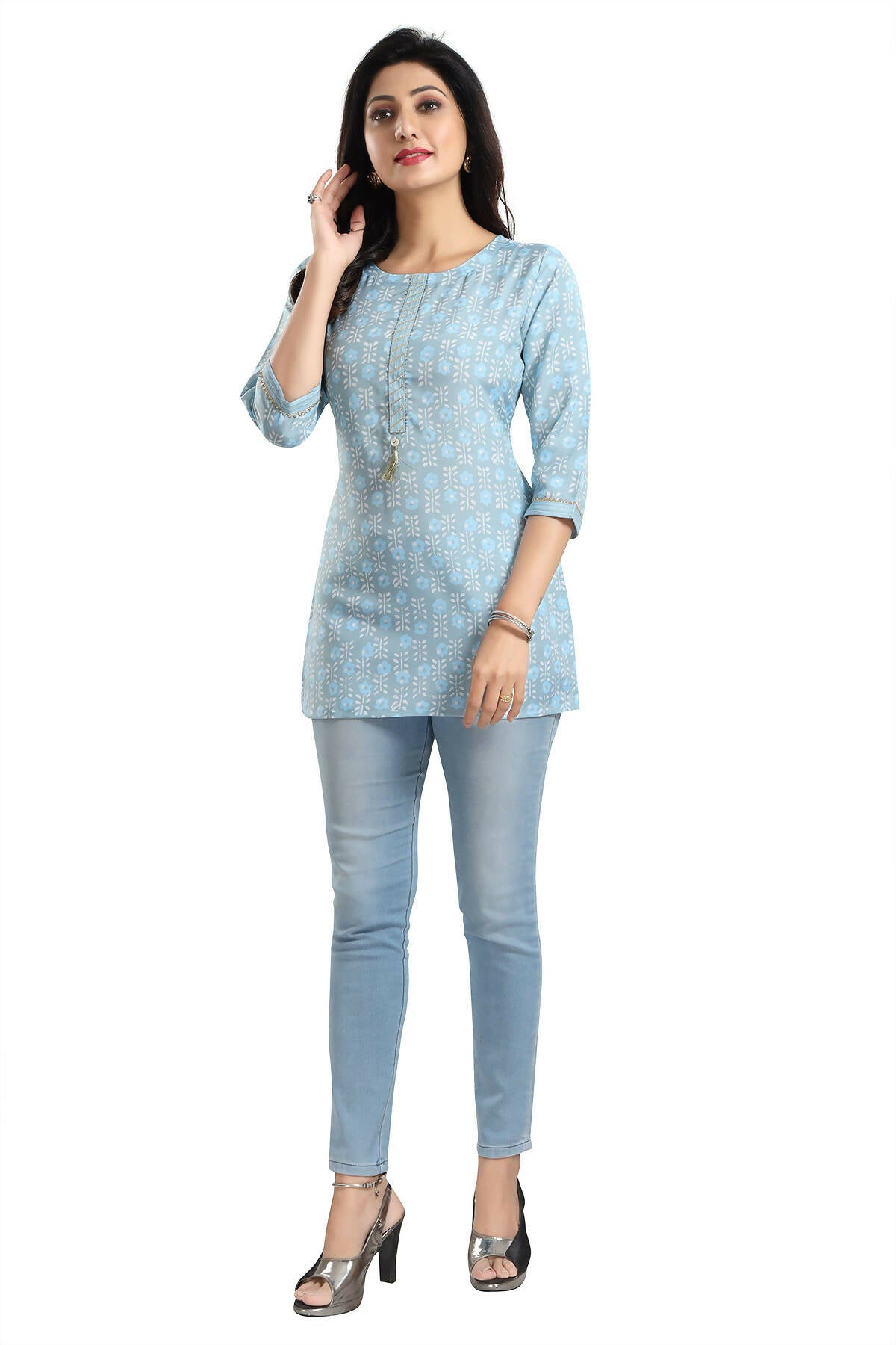 Snehal Creations Pretty Pastel Sky Blue Rayon Short Kurti Tunic Top | Grocsy