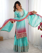 The52 Women's Beautiful Chinon silk Fabric Embroidery Work Straight Kurta Palazzo and Dupatta Set | Grocsy
